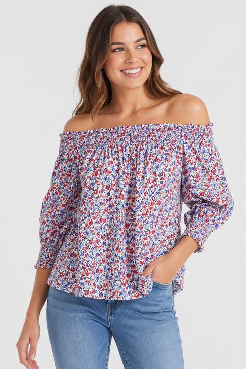 St. John's Bay Tops - St John’s Bay Floral Off Shoulder Smocked Cotton Blouse Small NWT